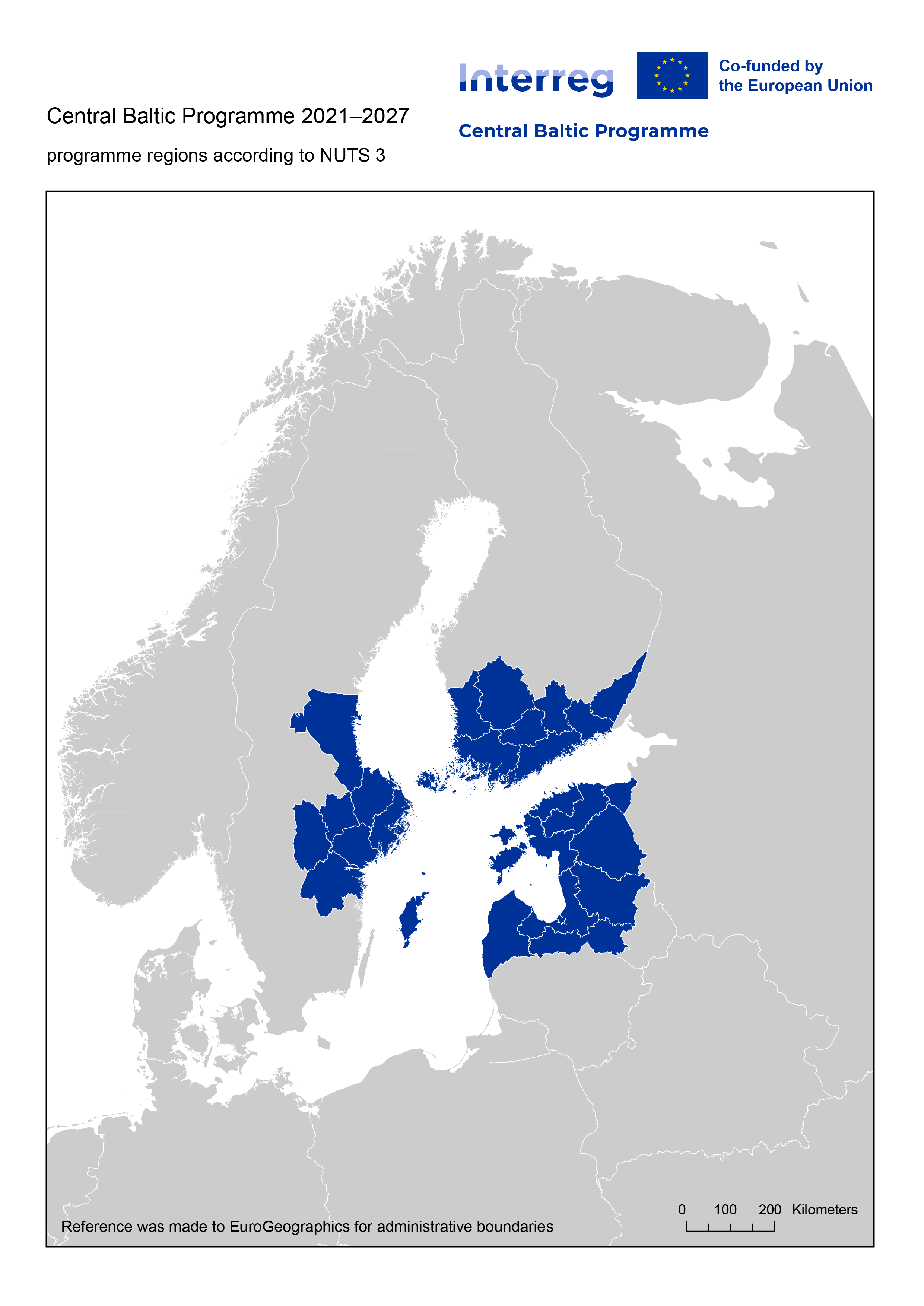 Karta som visa vilka delar av Sverige, Finland, Estland och Lettland som ingår i Central Baltic.