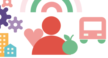 Kombination av grafik på hus, hjärta, regnbåge, kugghjul, buss. 