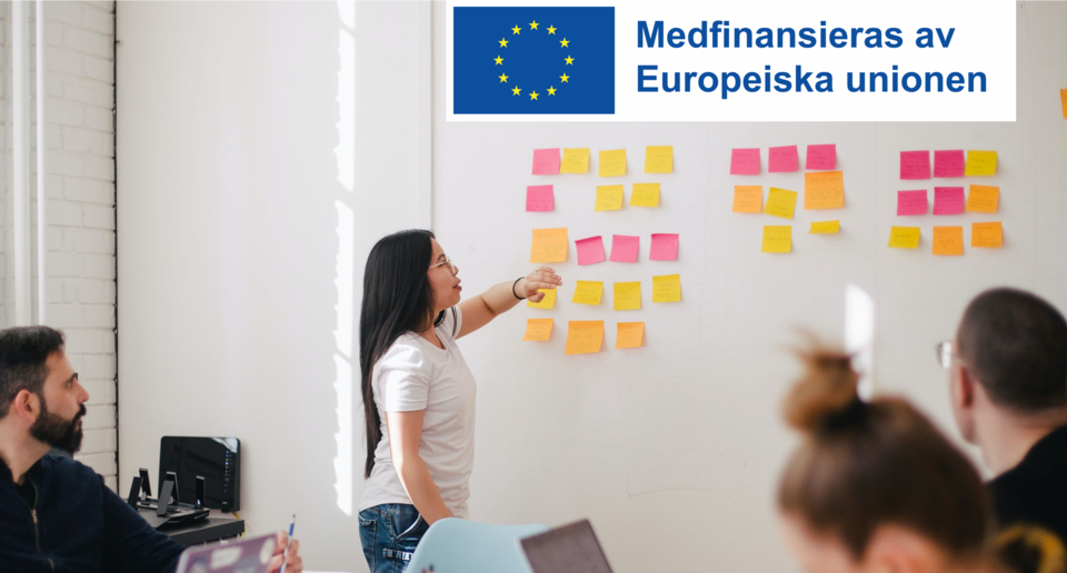 Tjej vid en white board fylld med postit lappar. EU logga överst till höger