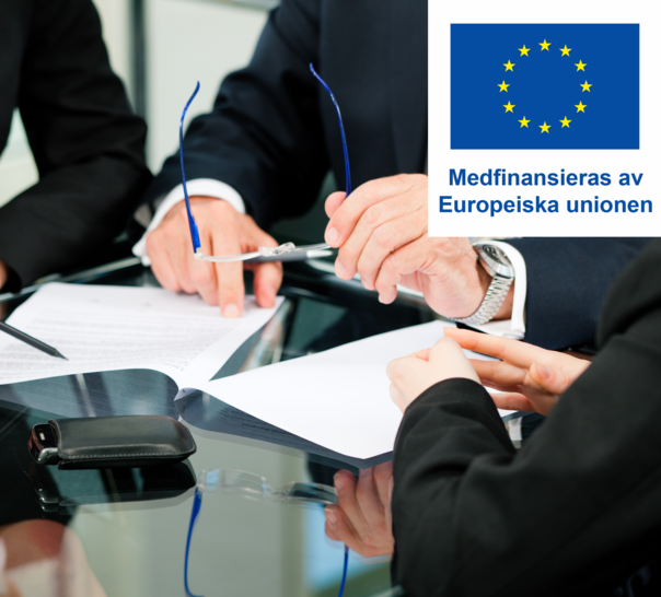 EU:s logotyp för medfinansiering på ett foto med händer som håller pennor på ett konferensbord.