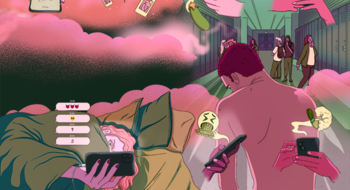 Illustration av flera ungdomar i en korridor med skåp på sidorna. En person har inga kläder och övriga skrattar och viskar.