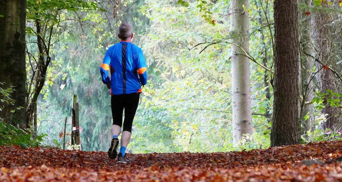 Person joggar i skogen.