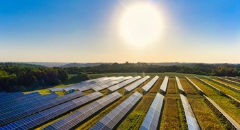 En stor solcellspark i strålande solsken.