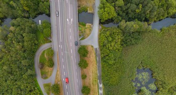 Flygfoto över väg med grönska runtomkring.